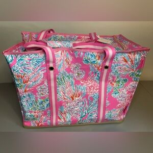 Lilly Pulitzer Pink and Blue Floral Ultimate Carryall Tote with Gold Base